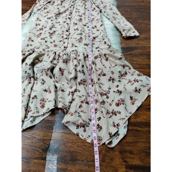 Begonia Puff Long Sleeve High Neck  Floral Print Hi-Low Dress Beige Womens Small - Picture 7 of 15